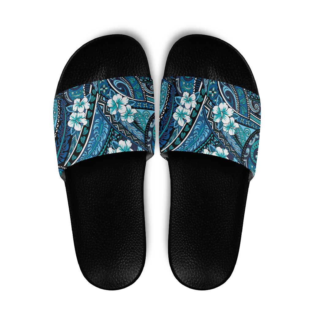 Polynesian Hibiscus Tropical Blue Floral Slide Sandals Tribal Pattern LT01 Blue - Polynesian Pride