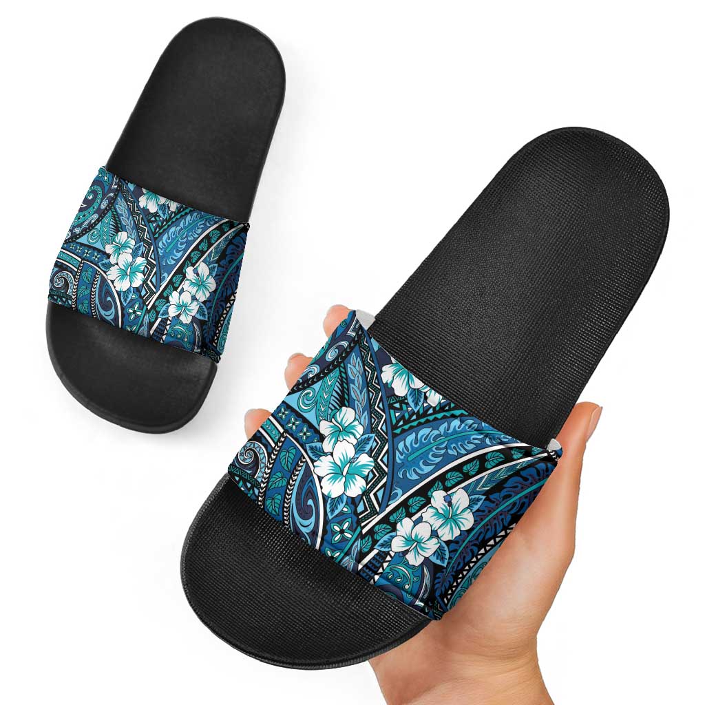 Polynesian Hibiscus Tropical Blue Floral Slide Sandals Tribal Pattern - Polynesian Pride