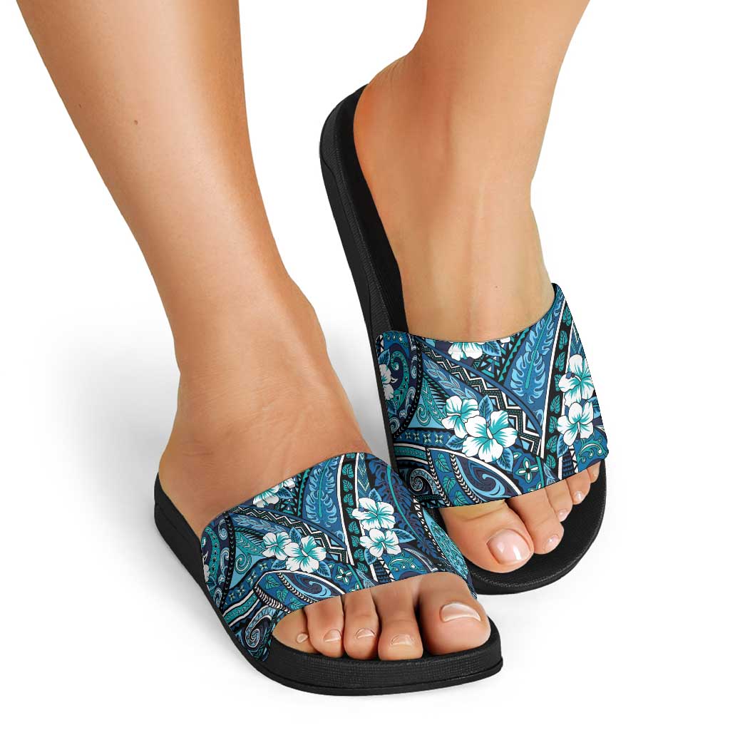 Polynesian Hibiscus Tropical Blue Floral Slide Sandals Tribal Pattern - Polynesian Pride