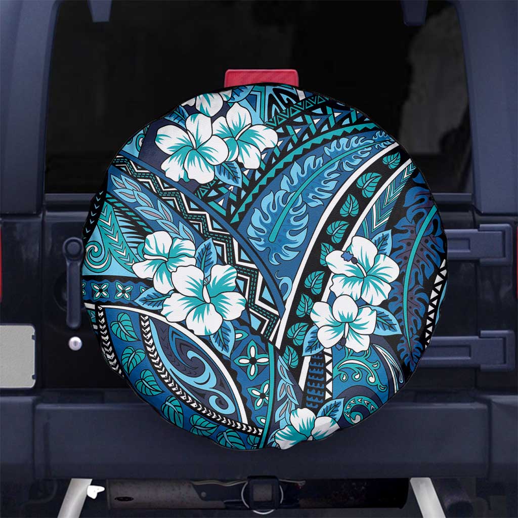Polynesian Hibiscus Tropical Blue Floral Spare Tire Cover Tribal Pattern LT01 No hole Blue - Polynesian Pride