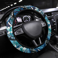 Polynesian Hibiscus Tropical Blue Floral Steering Wheel Cover Tribal Pattern LT01 Universal Fit Blue - Polynesian Pride