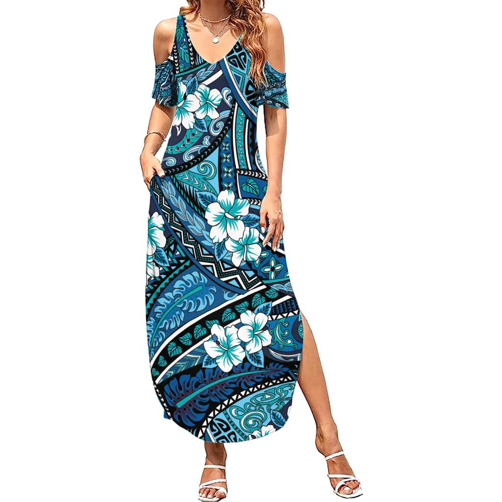 Polynesian Hibiscus Tropical Blue Floral Summer Maxi Dress Tribal Pattern - Polynesian Pride
