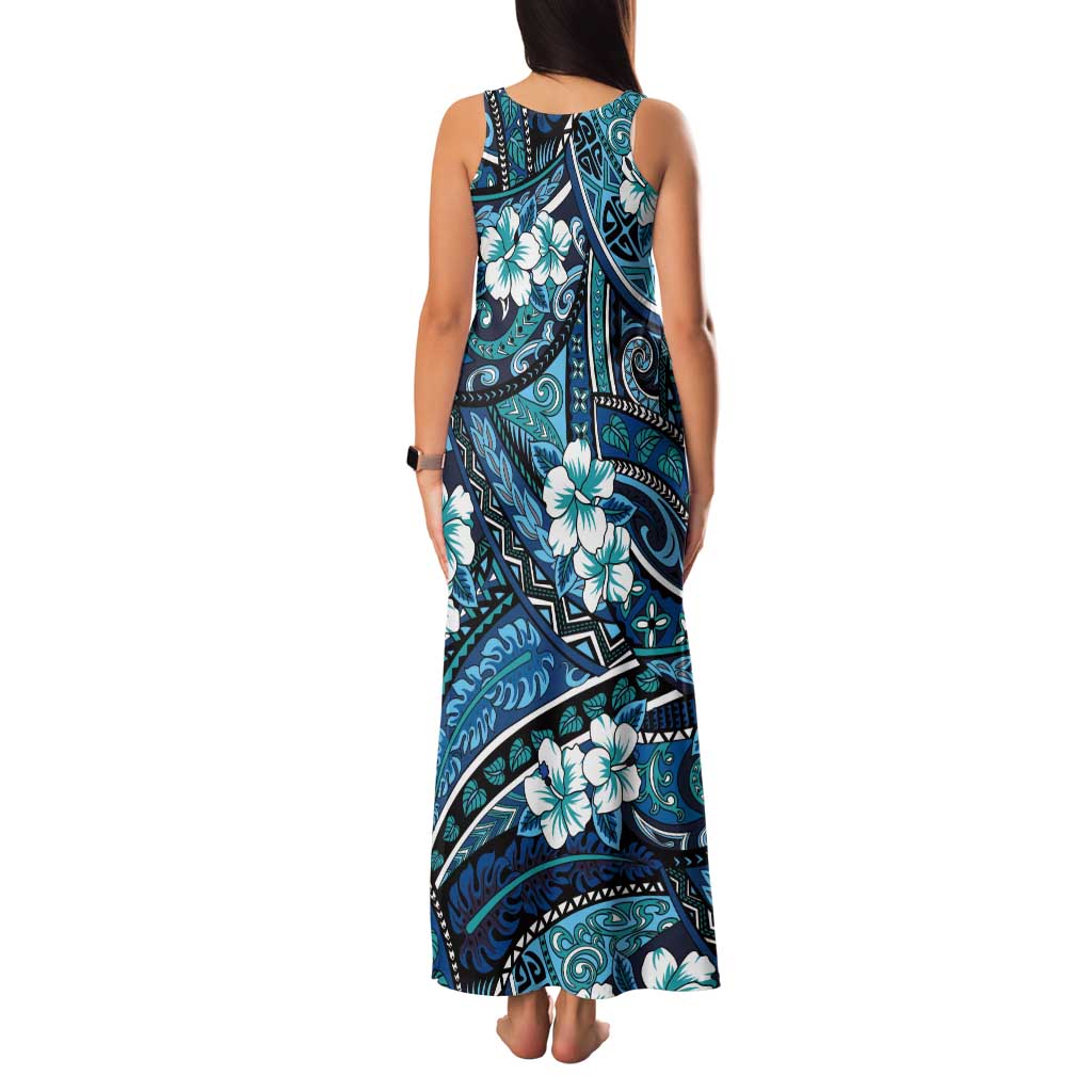 Polynesian Hibiscus Tropical Blue Floral Tank Maxi Dress Tribal Pattern - Polynesian Pride