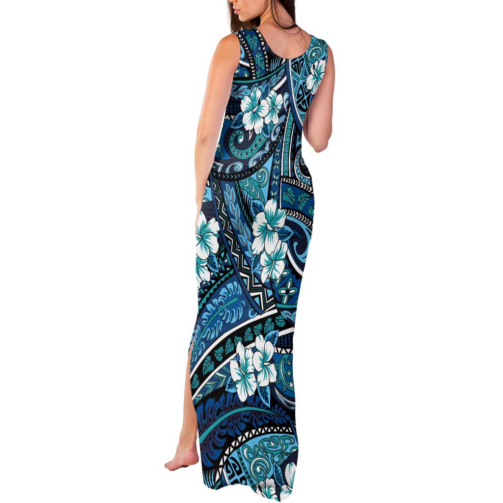 Polynesian Hibiscus Tropical Blue Floral Tank Maxi Dress Tribal Pattern - Polynesian Pride