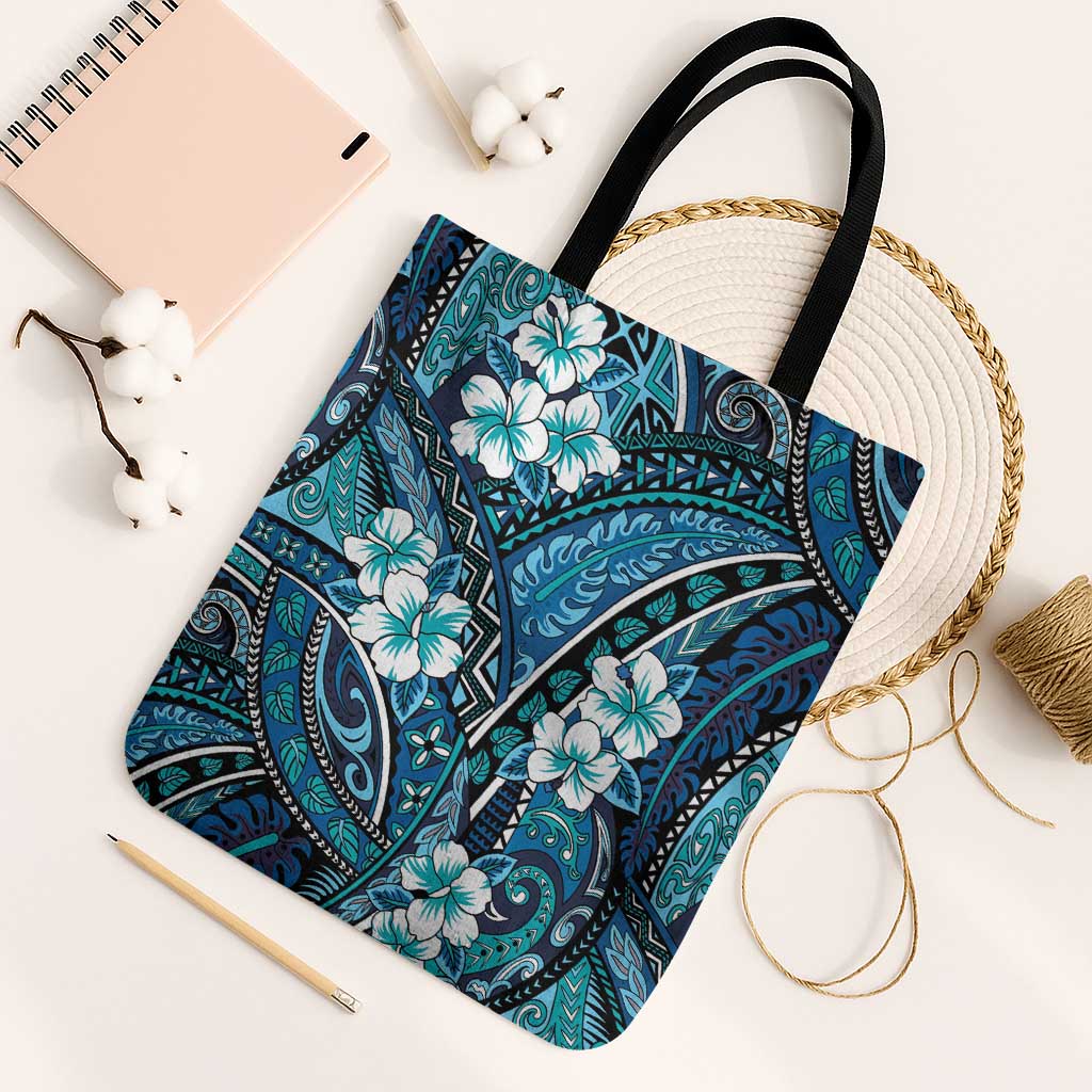 Polynesian Hibiscus Tropical Blue Floral Tote Bag Tribal Pattern LT01 Black Strap One Size Blue - Polynesian Pride