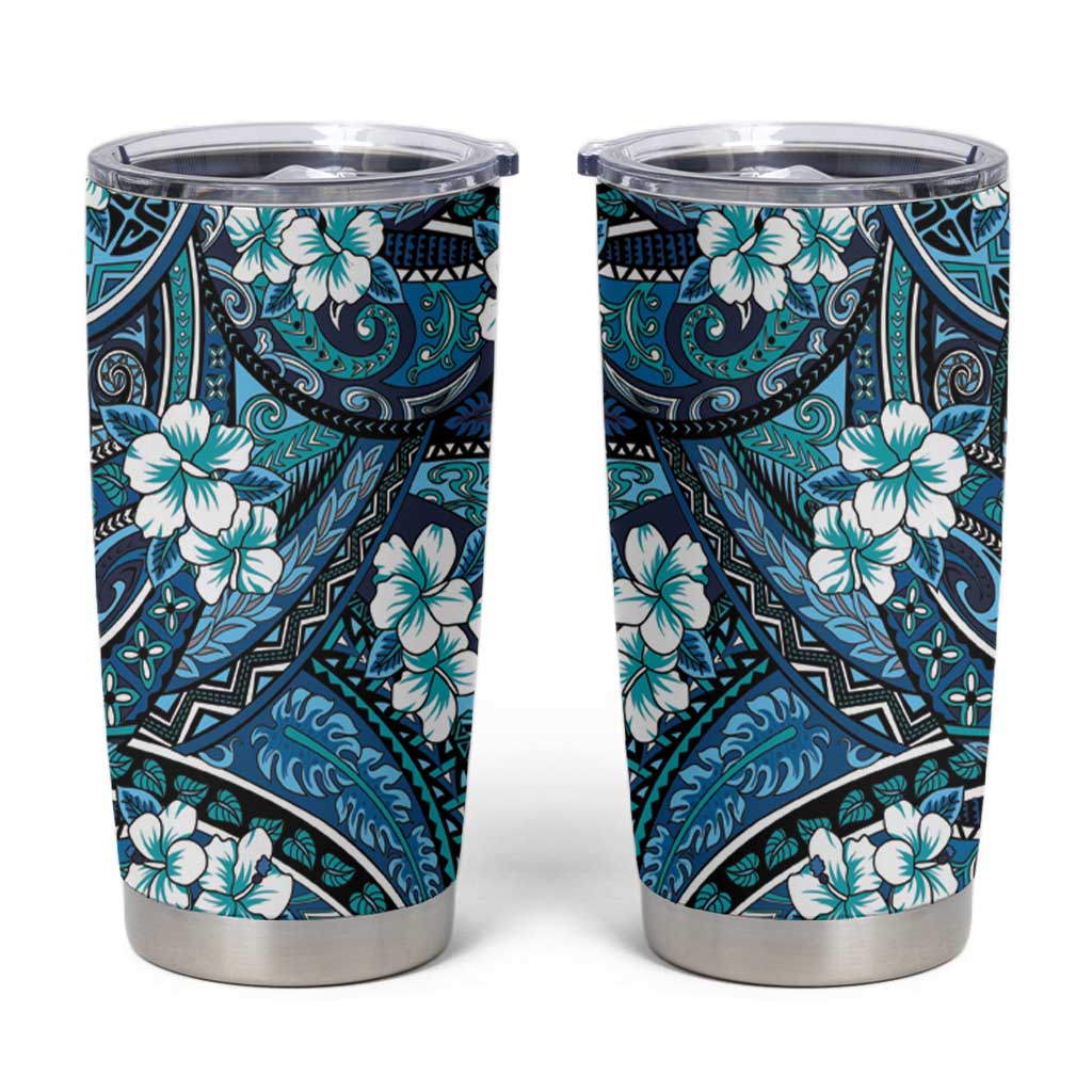 Polynesian Hibiscus Tropical Blue Floral Tumbler Cup Tribal Pattern - Polynesian Pride