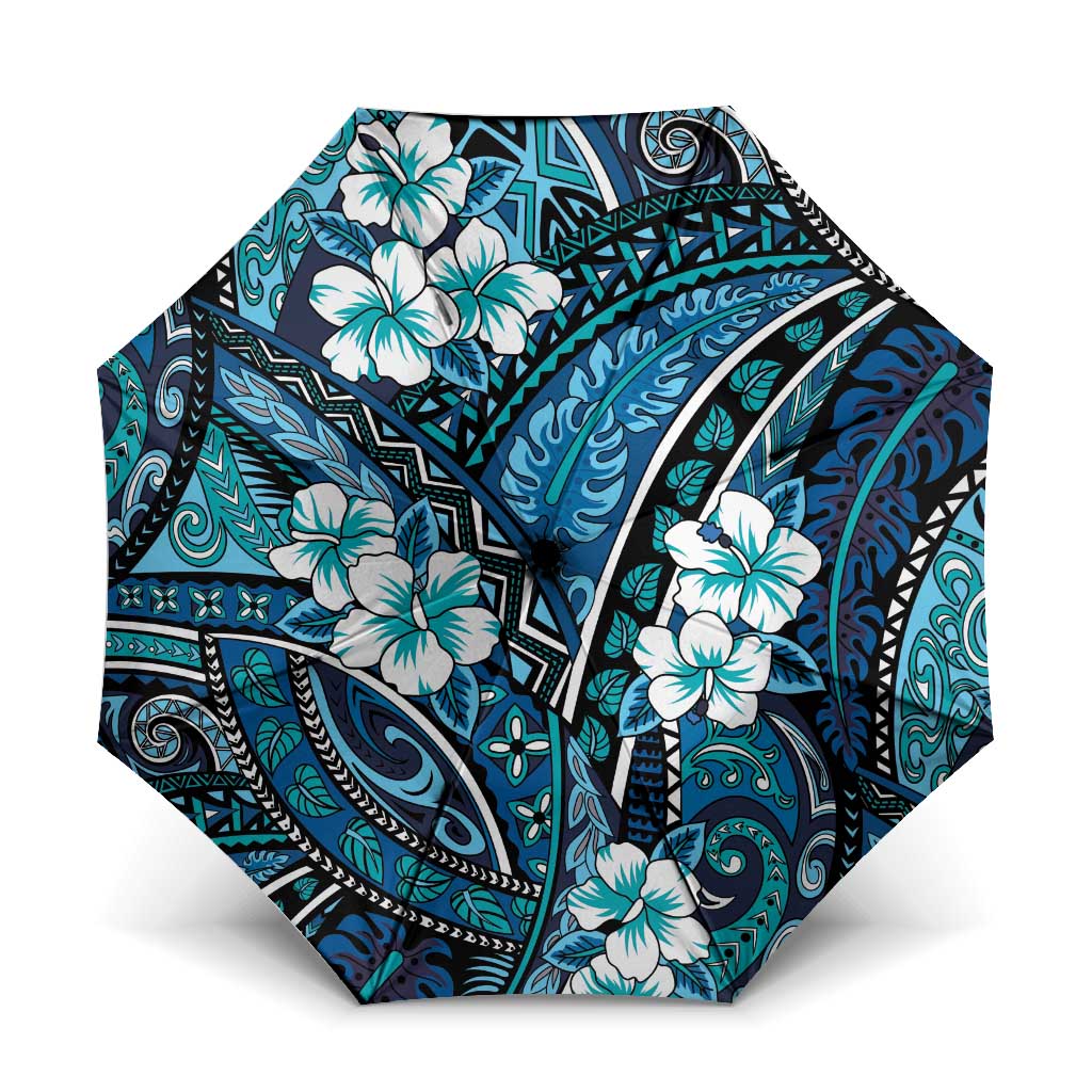 Polynesian Hibiscus Tropical Blue Floral Umbrella Tribal Pattern - Polynesian Pride