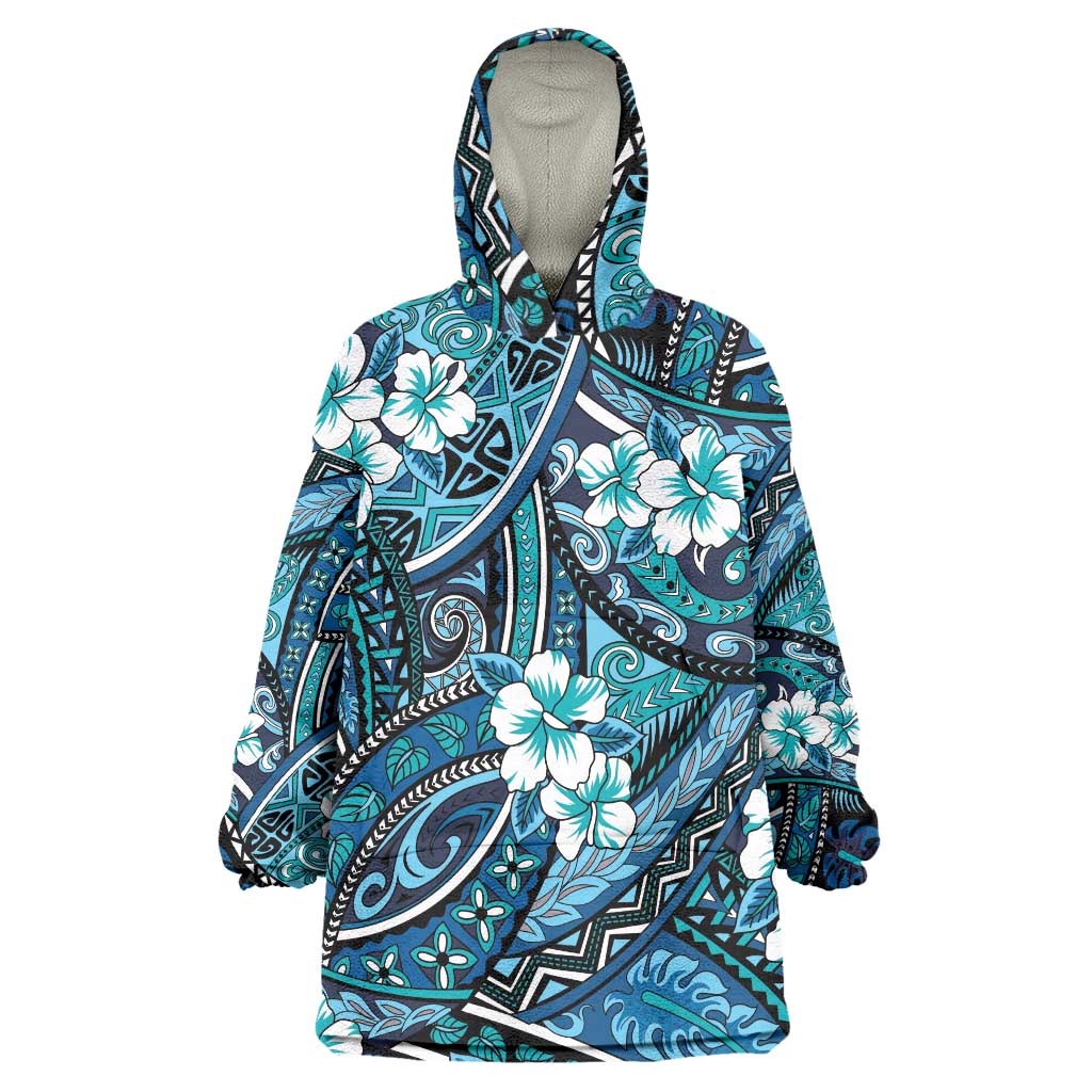 Polynesian Hibiscus Tropical Blue Floral Wearable Blanket Hoodie Tribal Pattern LT01 One Size Blue - Polynesian Pride