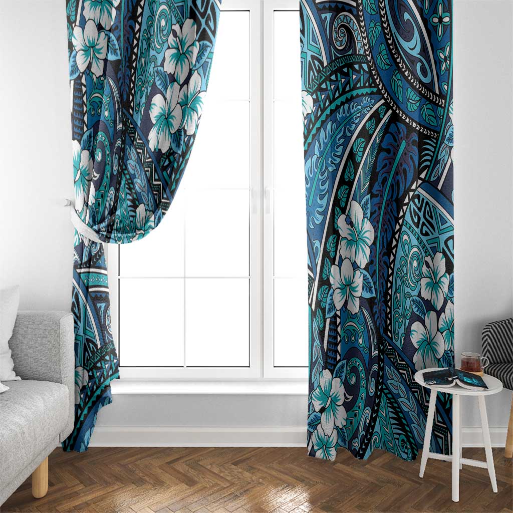 Polynesian Hibiscus Tropical Blue Floral Window Curtain Tribal Pattern - Polynesian Pride