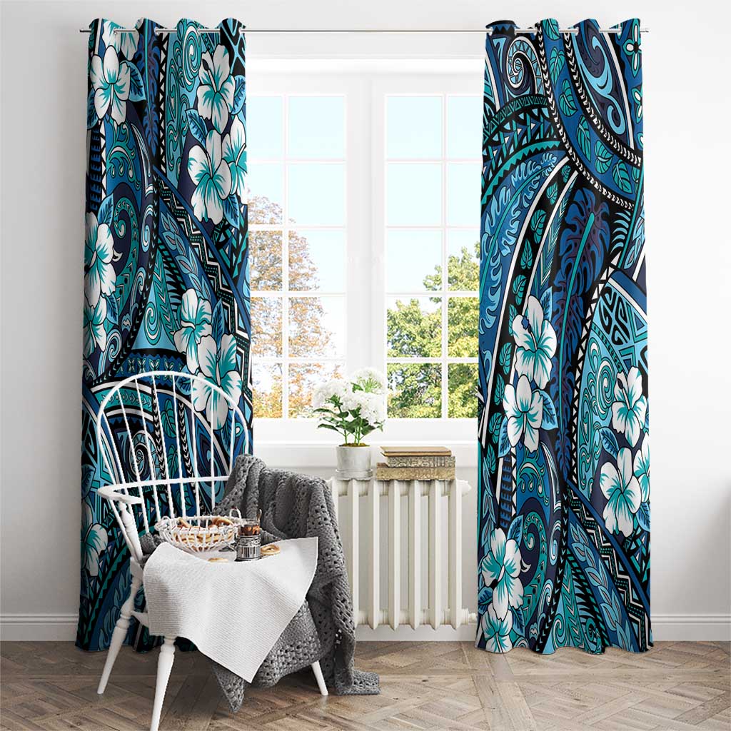 Polynesian Hibiscus Tropical Blue Floral Window Curtain Tribal Pattern - Polynesian Pride