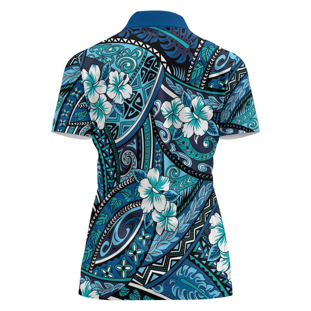 Polynesian Hibiscus Tropical Blue Floral Women Polo Shirt Tribal Pattern - Polynesian Pride
