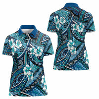 Polynesian Hibiscus Tropical Blue Floral Women Polo Shirt Tribal Pattern - Polynesian Pride