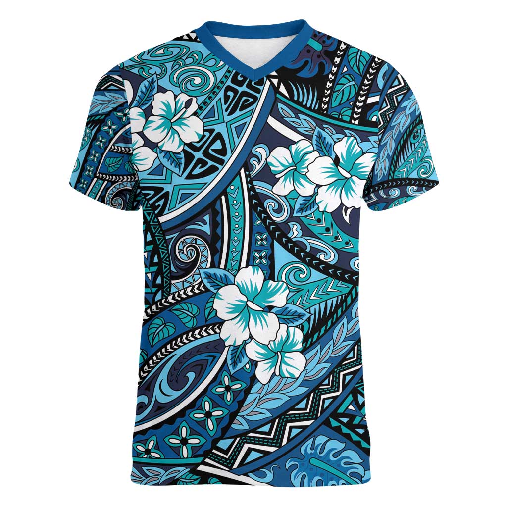 Polynesian Hibiscus Tropical Blue Floral Women V-Neck T-Shirt Tribal Pattern LT01 Female Blue - Polynesian Pride