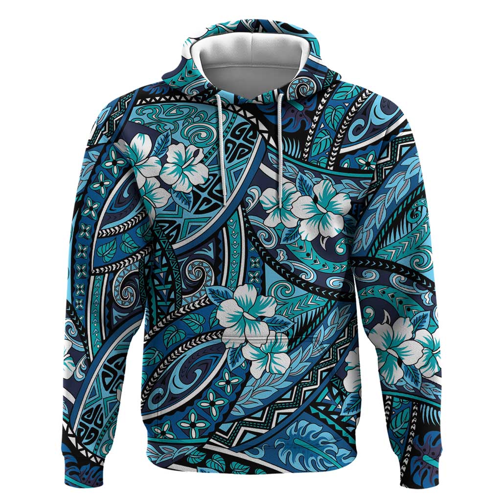 Polynesian Hibiscus Tropical Blue Floral Zip Hoodie Tribal Pattern LT01 Pullover Hoodie Blue - Polynesian Pride