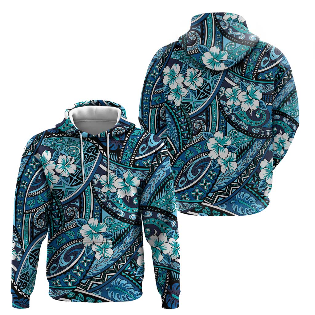 Polynesian Hibiscus Tropical Blue Floral Zip Hoodie Tribal Pattern LT01 - Polynesian Pride