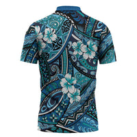 Polynesian Hibiscus Tropical Blue Floral Zipper Polo Shirt Tribal Pattern - Polynesian Pride