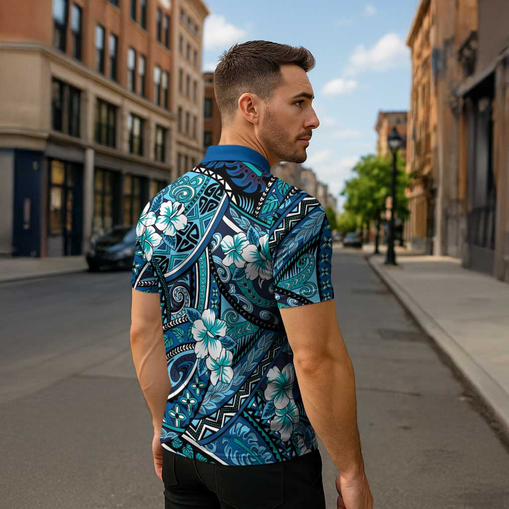 Polynesian Hibiscus Tropical Blue Floral Zipper Polo Shirt Tribal Pattern - Polynesian Pride