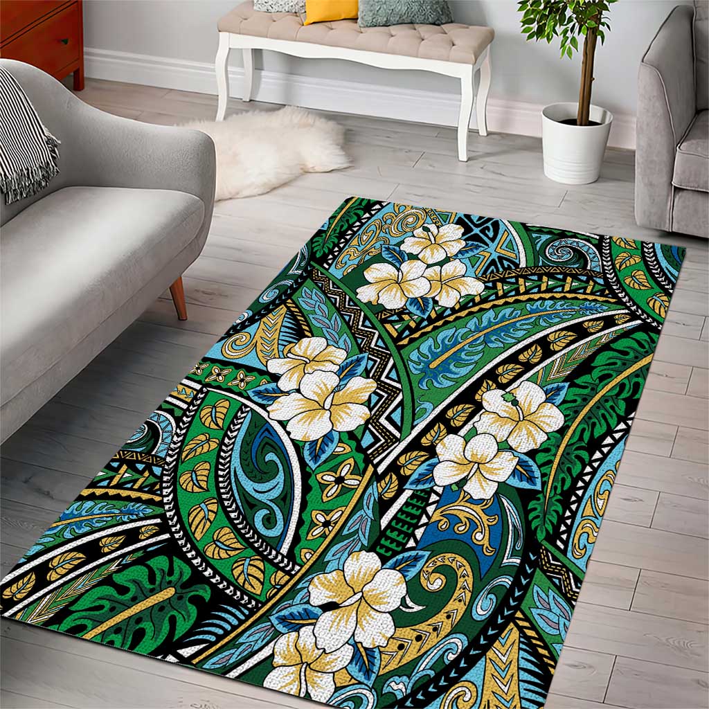 Polynesian Hibiscus Tropical Green Floral Area Rug Tribal Pattern - Polynesian Pride