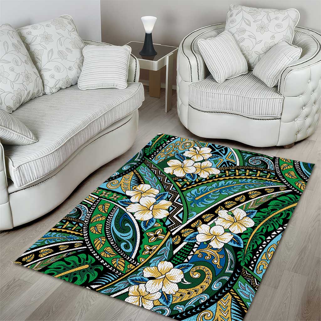 Polynesian Hibiscus Tropical Green Floral Area Rug Tribal Pattern - Polynesian Pride