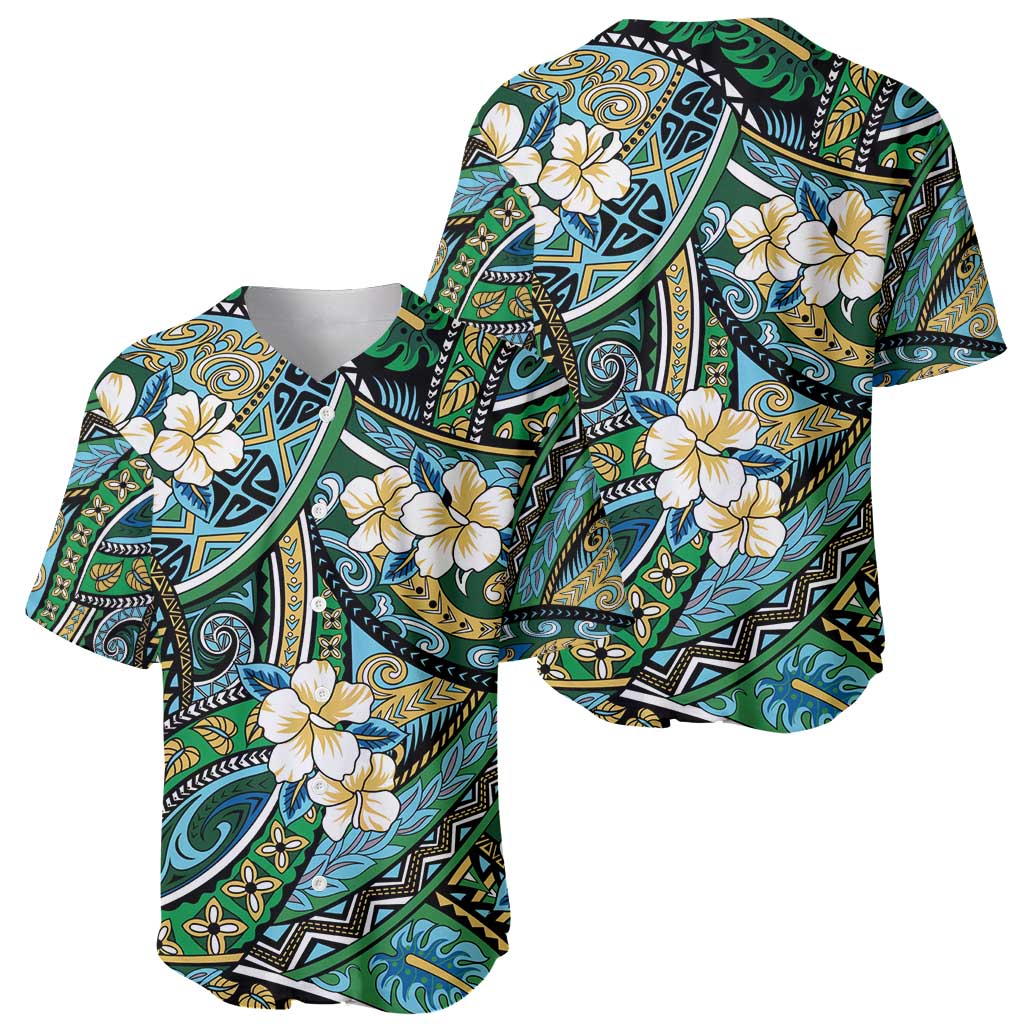 Polynesian Hibiscus Tropical Green Floral Baseball Jersey Tribal Pattern - Polynesian Pride