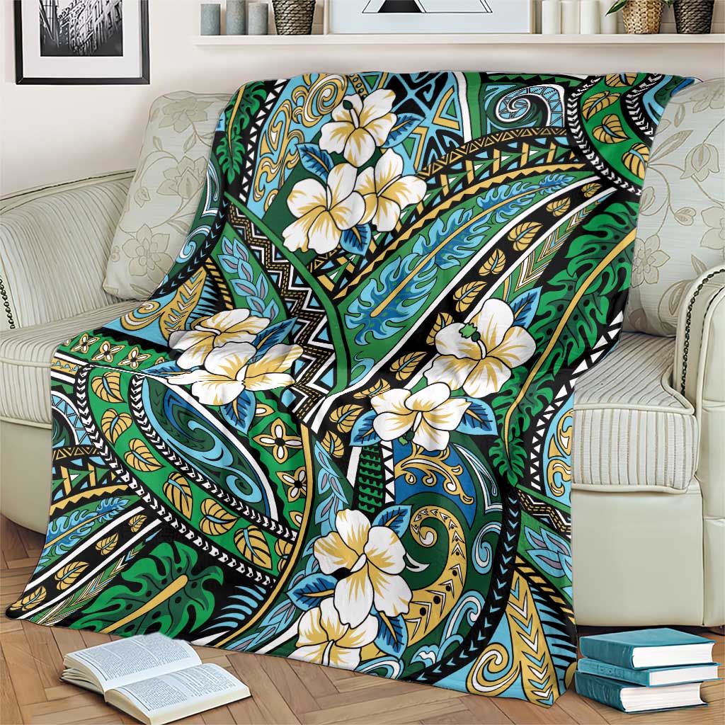 Polynesian Hibiscus Tropical Green Floral Blanket Tribal Pattern - Polynesian Pride
