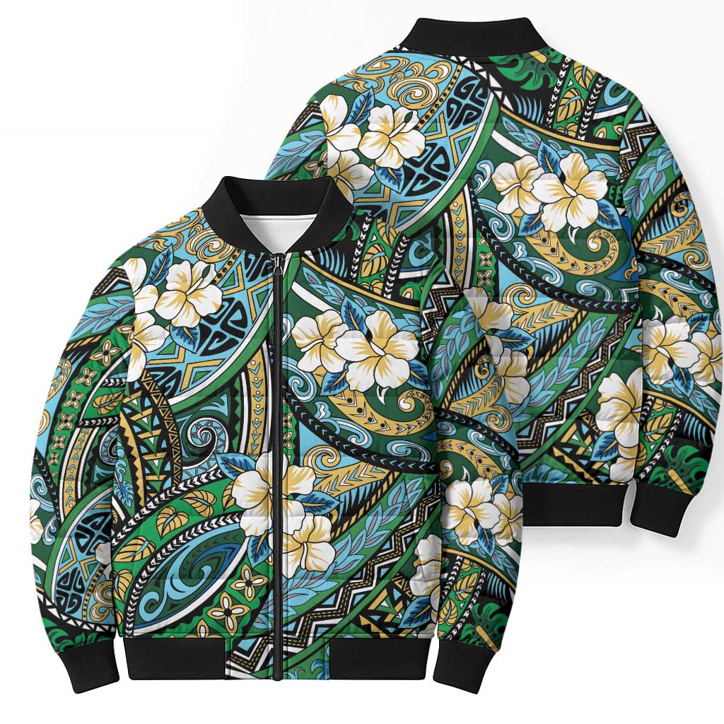 Polynesian Hibiscus Tropical Green Floral Bomber Puffer Jacket Tribal Pattern - Polynesian Pride