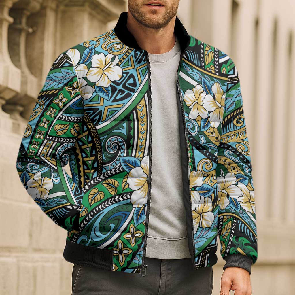 Polynesian Hibiscus Tropical Green Floral Bomber Puffer Jacket Tribal Pattern - Polynesian Pride