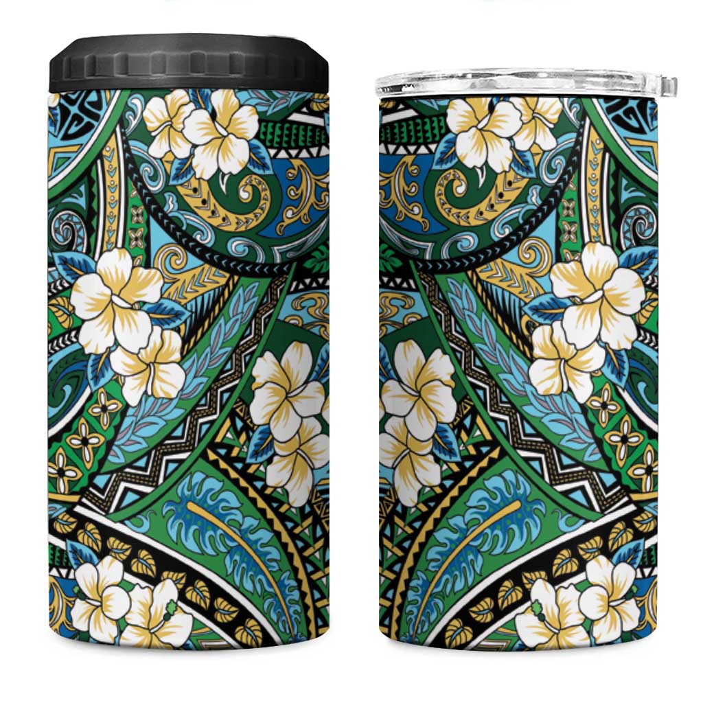 Polynesian Hibiscus Tropical Green Floral 4 in 1 Can Cooler Tumbler Tribal Pattern - Polynesian Pride