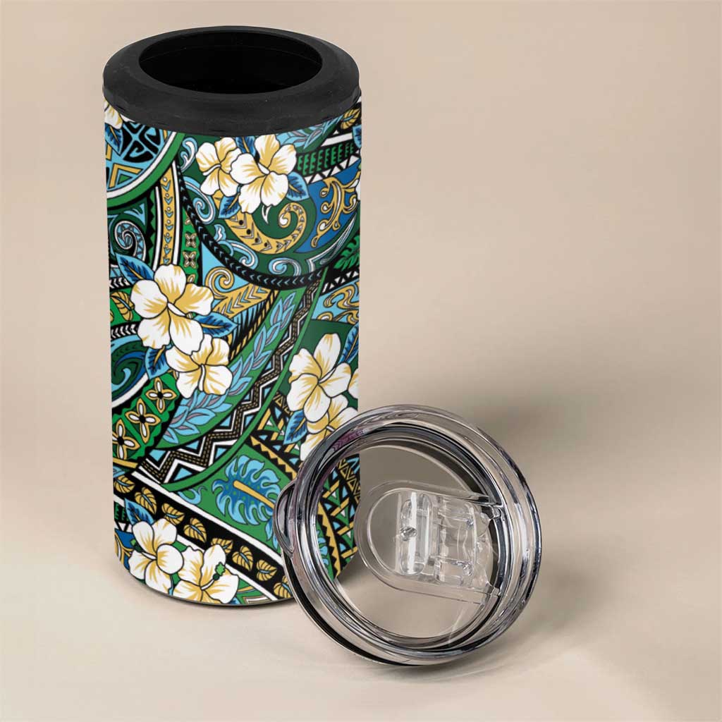 Polynesian Hibiscus Tropical Green Floral 4 in 1 Can Cooler Tumbler Tribal Pattern - Polynesian Pride
