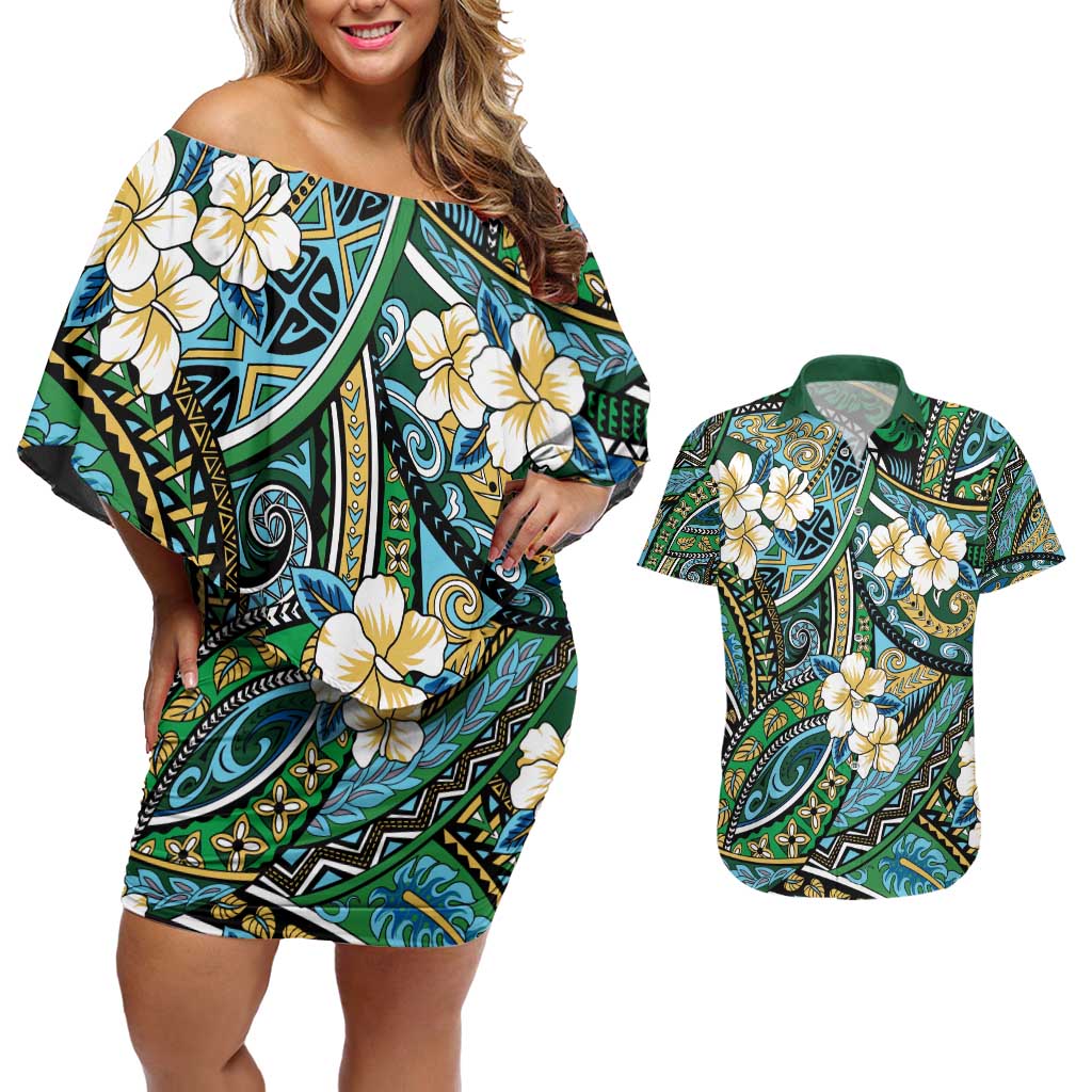 Polynesian Hibiscus Tropical Green Floral Couples Matching Off Shoulder Short Dress and Hawaiian Shirt Tribal Pattern - Polynesian Pride