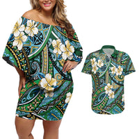 Polynesian Hibiscus Tropical Green Floral Couples Matching Off Shoulder Short Dress and Hawaiian Shirt Tribal Pattern - Polynesian Pride