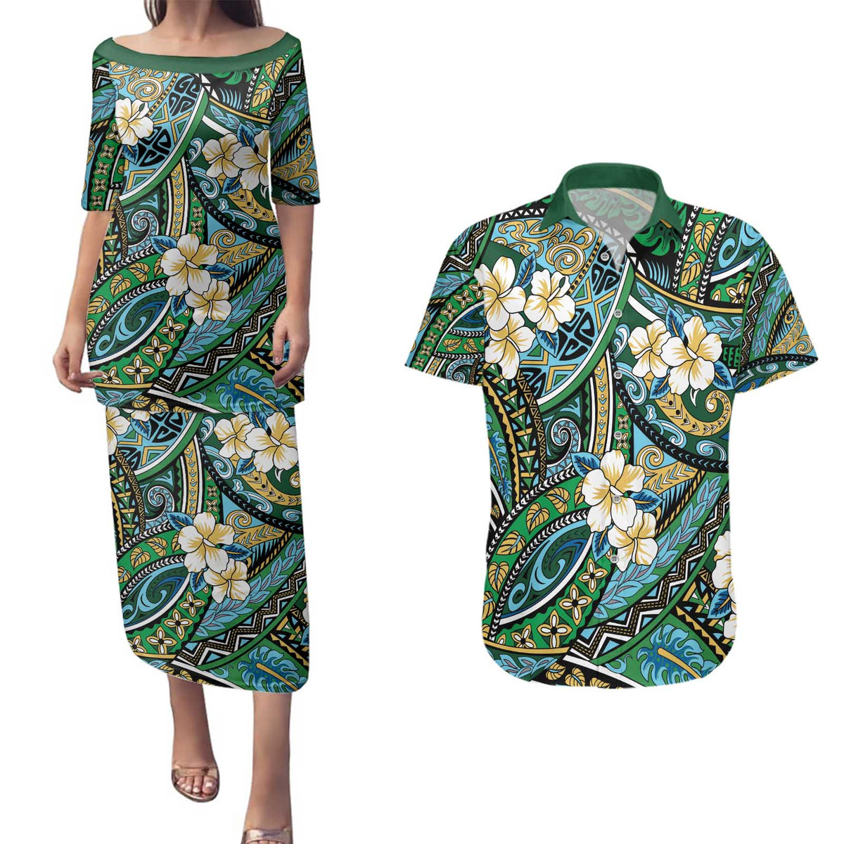 Polynesian Hibiscus Tropical Green Floral Couples Matching Puletasi and Hawaiian Shirt Tribal Pattern - Polynesian Pride
