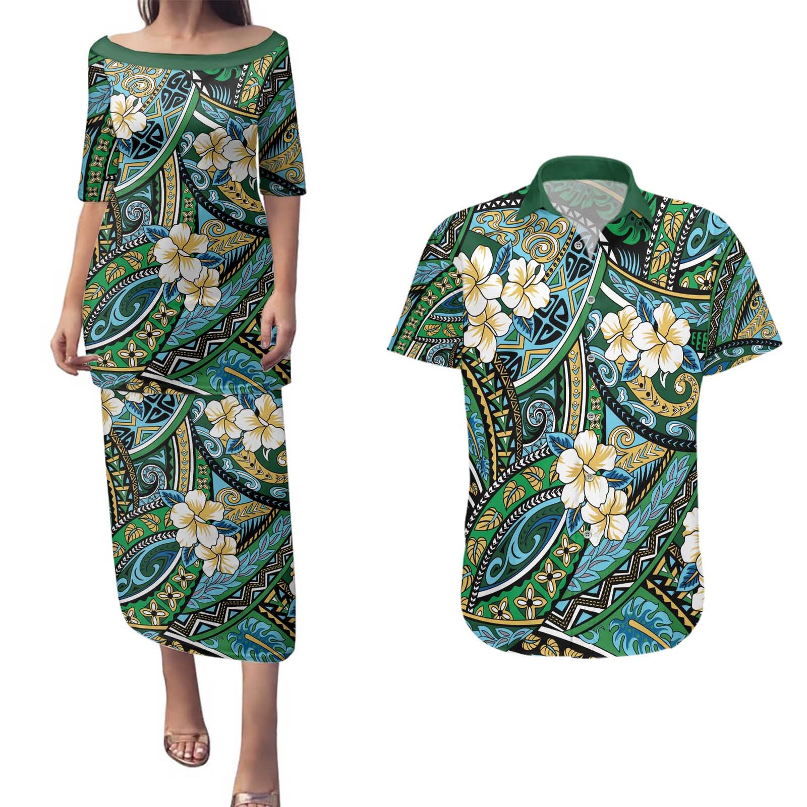 Polynesian Hibiscus Tropical Green Floral Couples Matching Puletasi and Hawaiian Shirt Tribal Pattern - Polynesian Pride