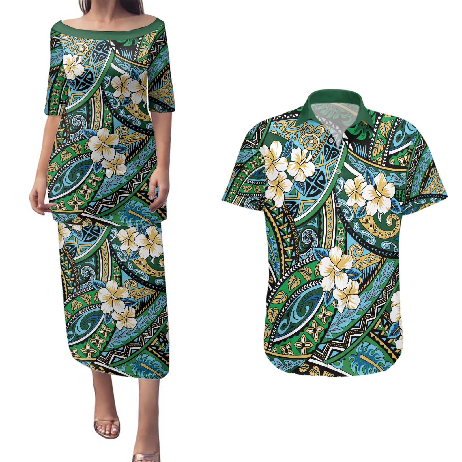 Polynesian Hibiscus Tropical Green Floral Couples Matching Puletasi and Hawaiian Shirt Tribal Pattern - Polynesian Pride