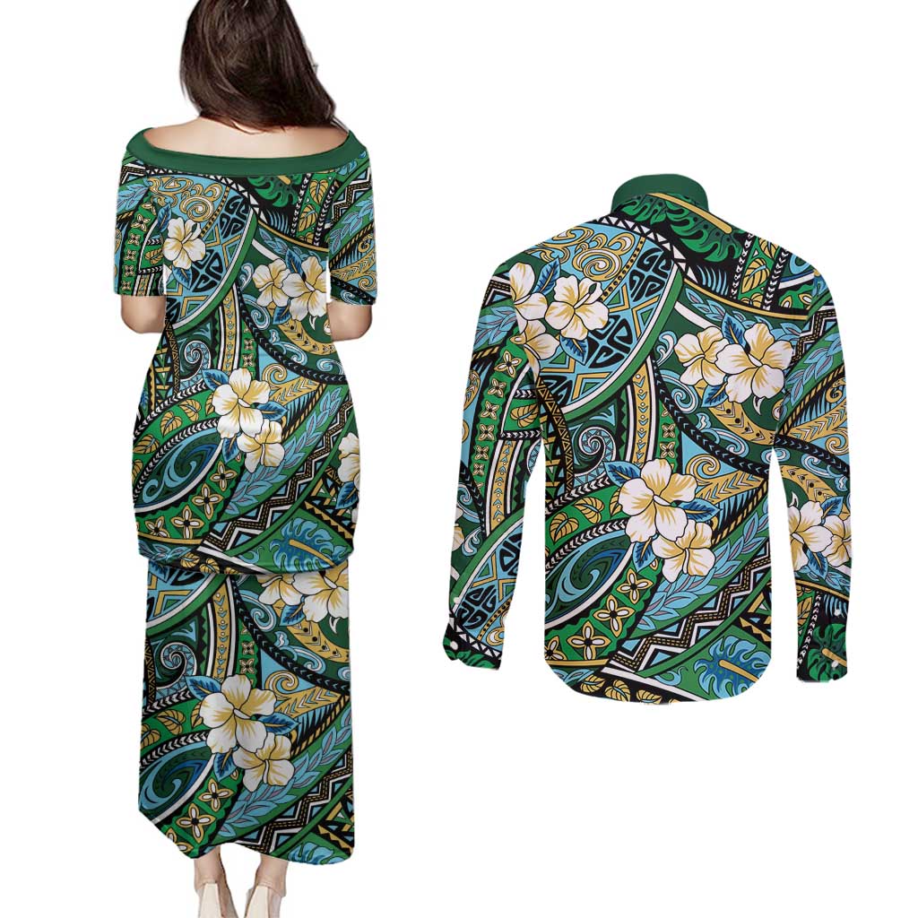 Polynesian Hibiscus Tropical Green Floral Couples Matching Puletasi and Long Sleeve Button Shirt Tribal Pattern LT01 - Polynesian Pride