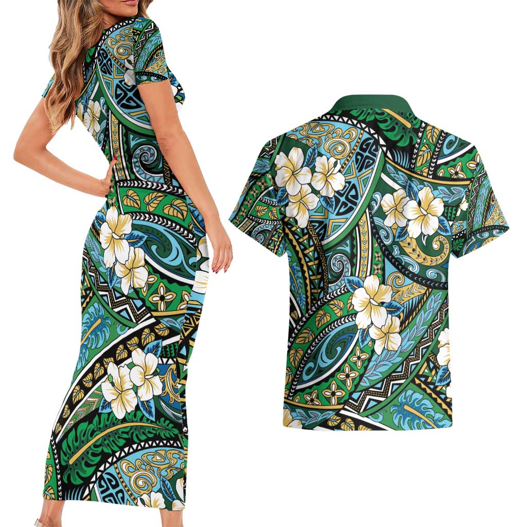 Polynesian Hibiscus Tropical Green Floral Couples Matching Short Sleeve Bodycon Dress and Hawaiian Shirt Tribal Pattern - Polynesian Pride