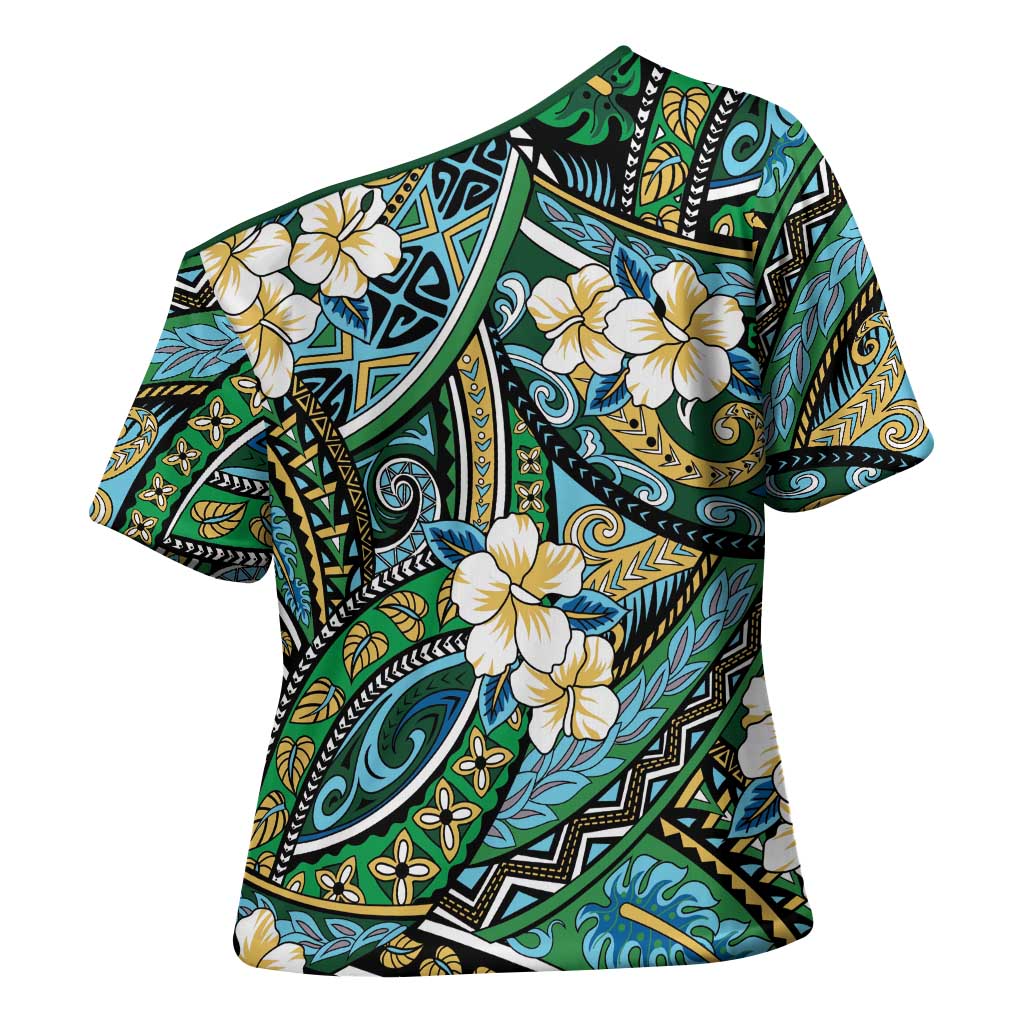 Polynesian Hibiscus Tropical Green Floral Cross Shoulder Shirt Tribal Pattern - Polynesian Pride