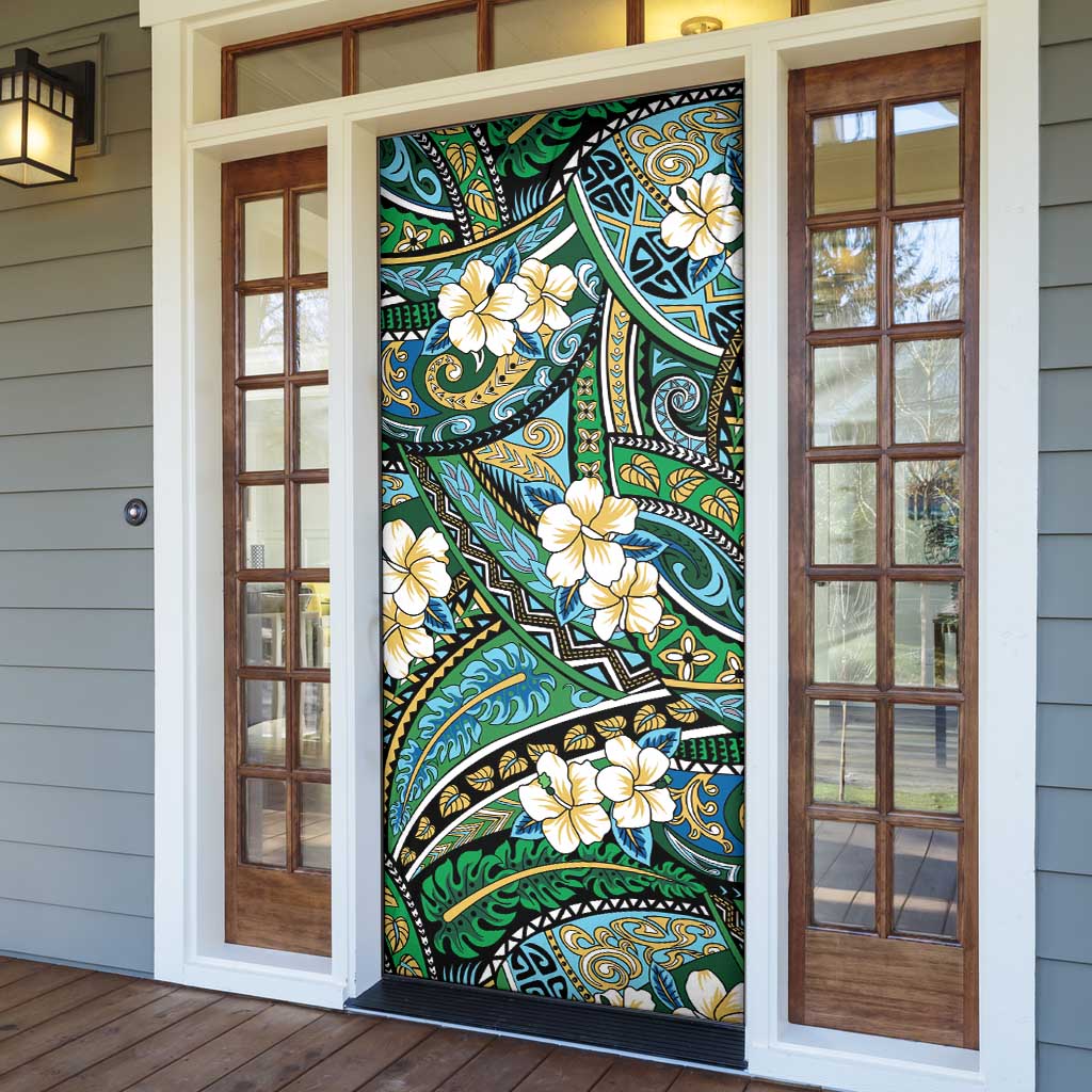 Polynesian Hibiscus Tropical Green Floral Door Cover Tribal Pattern - Polynesian Pride