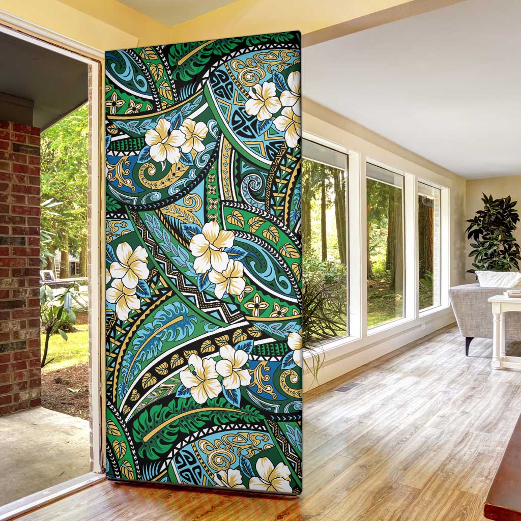 Polynesian Hibiscus Tropical Green Floral Door Cover Tribal Pattern - Polynesian Pride