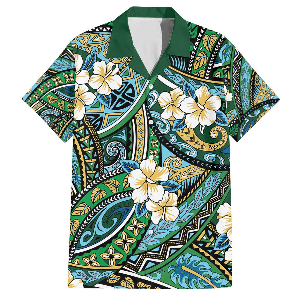 Polynesian Hibiscus Tropical Green Floral Family Matching Long Sleeve Bodycon Dress and Hawaiian Shirt Tribal Pattern - Polynesian Pride