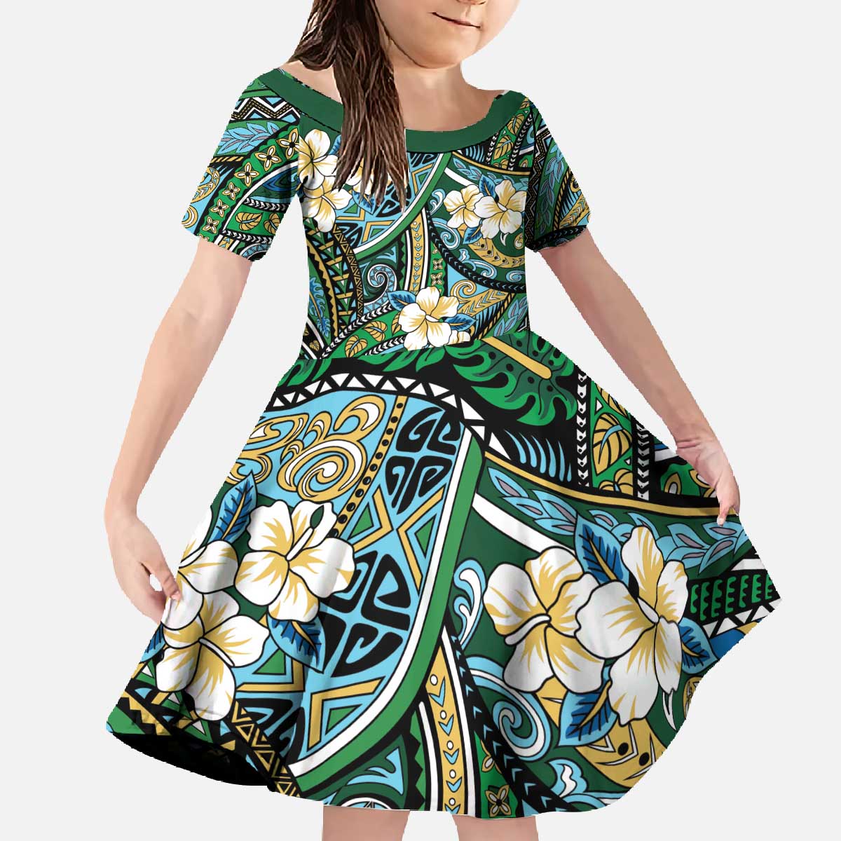 Polynesian Hibiscus Tropical Green Floral Family Matching Off The Shoulder Long Sleeve Dress and Hawaiian Shirt Tribal Pattern LT01 Daughter's Dress Green - Polynesian Pride