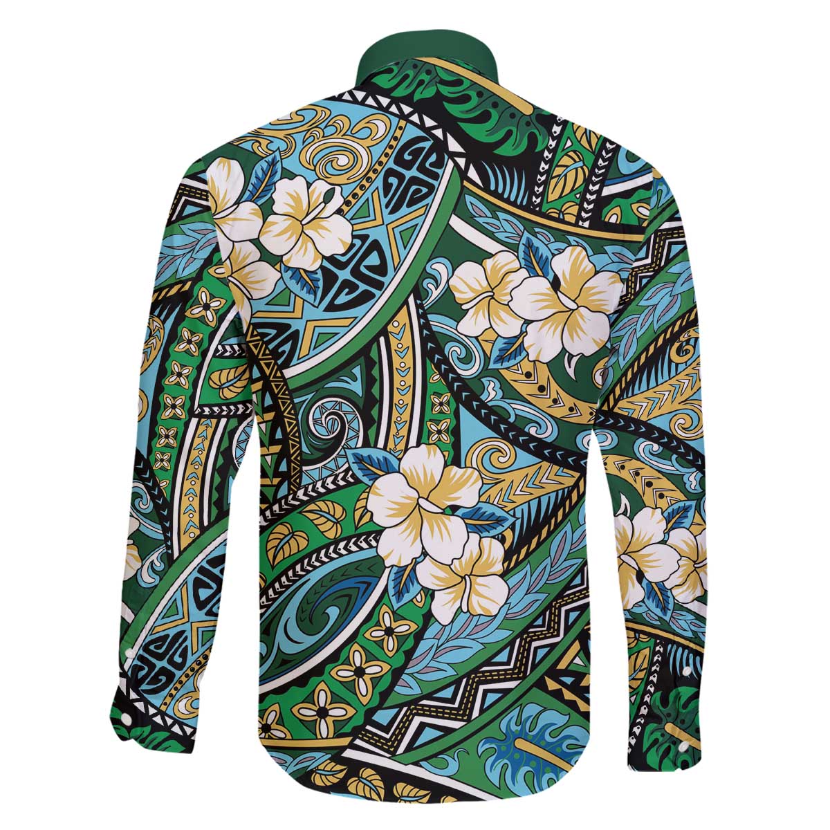 Polynesian Hibiscus Tropical Green Floral Family Matching Off The Shoulder Long Sleeve Dress and Hawaiian Shirt Tribal Pattern LT01 - Polynesian Pride