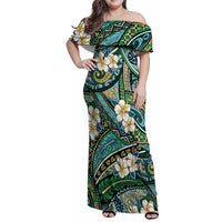 Polynesian Hibiscus Tropical Green Floral Family Matching Off Shoulder Maxi Dress and Hawaiian Shirt Tribal Pattern - Polynesian Pride