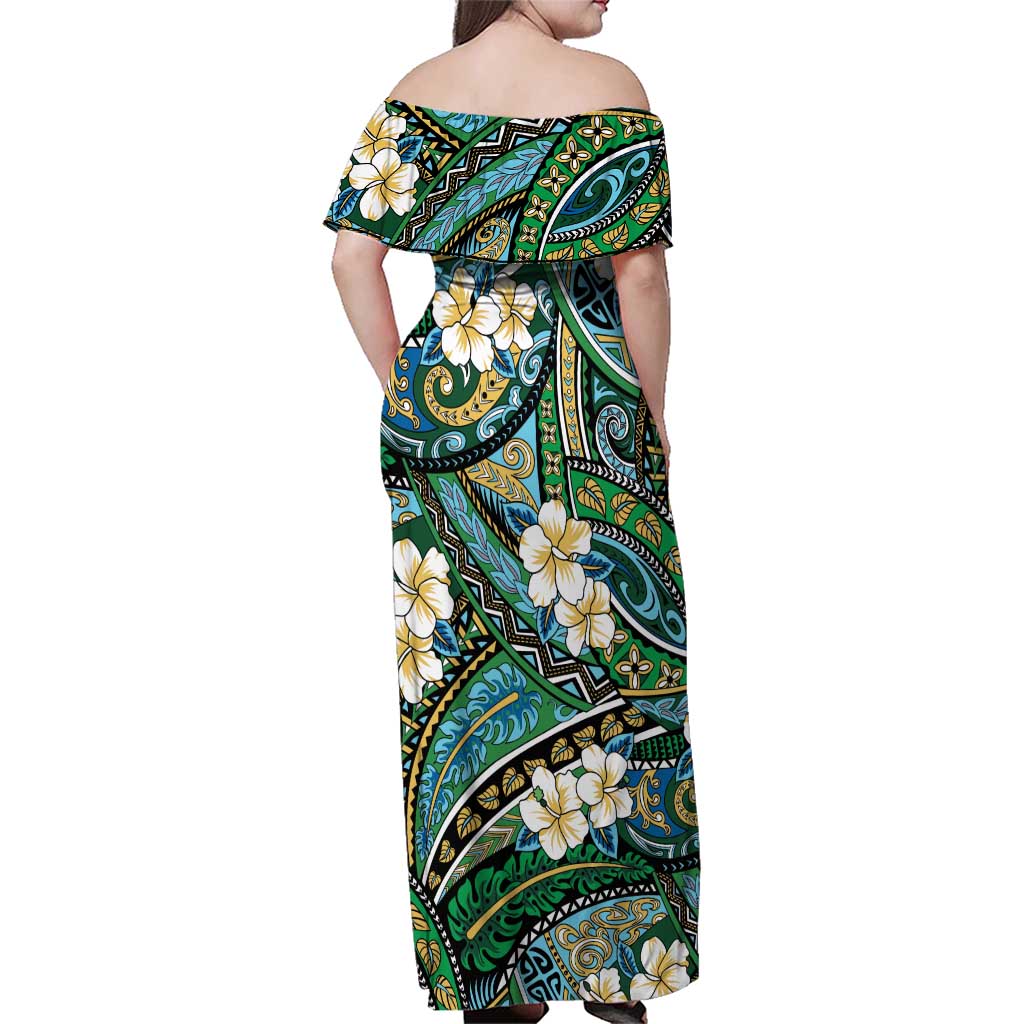 Polynesian Hibiscus Tropical Green Floral Family Matching Off Shoulder Maxi Dress and Hawaiian Shirt Tribal Pattern - Polynesian Pride