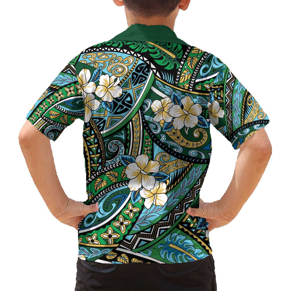 Polynesian Hibiscus Tropical Green Floral Family Matching Off Shoulder Short Dress and Hawaiian Shirt Tribal Pattern - Polynesian Pride
