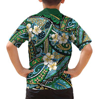 Polynesian Hibiscus Tropical Green Floral Family Matching Off Shoulder Short Dress and Hawaiian Shirt Tribal Pattern - Polynesian Pride