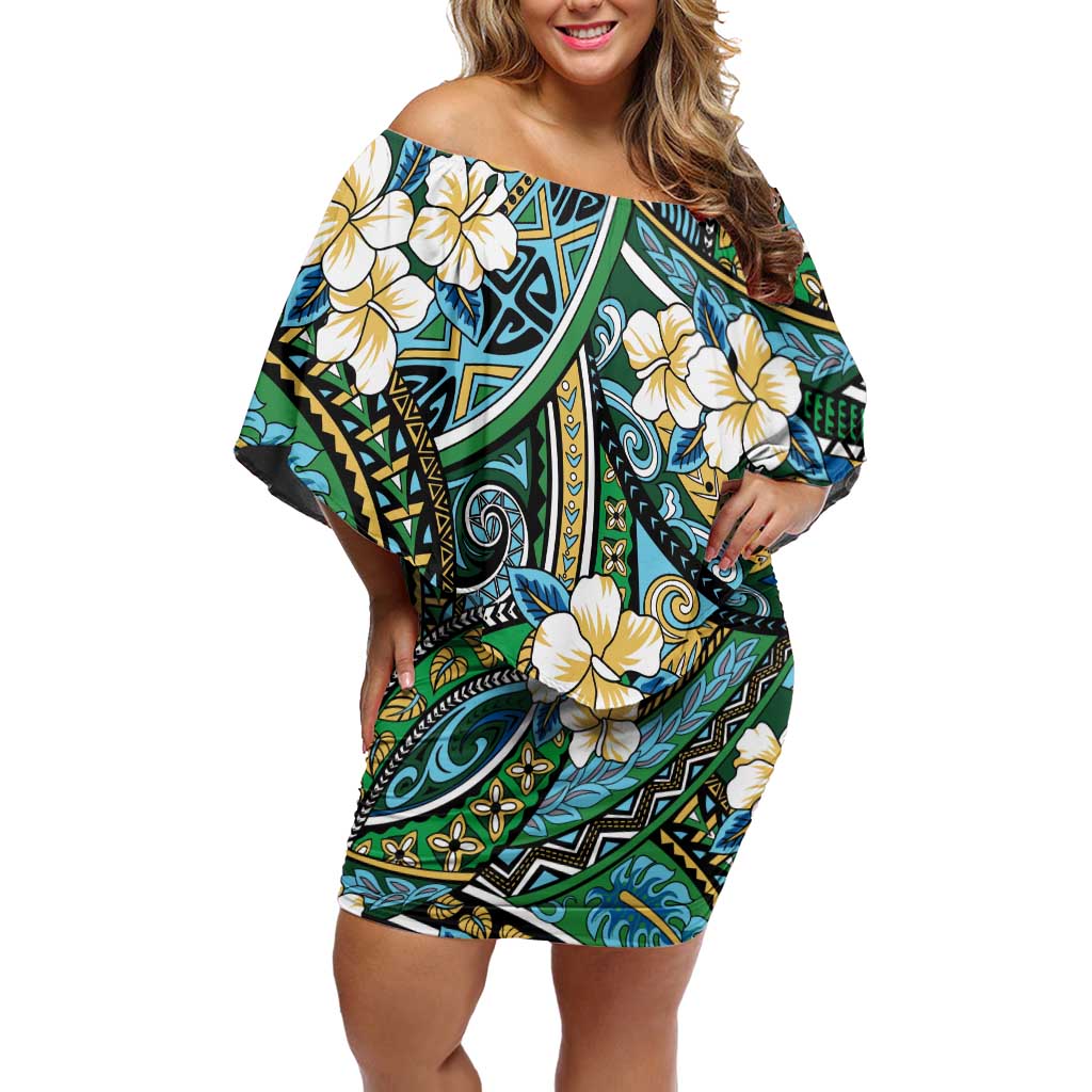 Polynesian Hibiscus Tropical Green Floral Family Matching Off Shoulder Short Dress and Hawaiian Shirt Tribal Pattern - Polynesian Pride