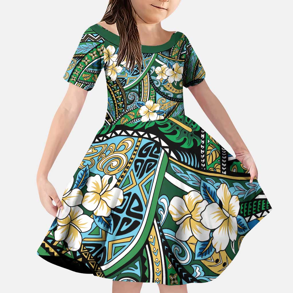 Polynesian Hibiscus Tropical Green Floral Family Matching Puletasi and Hawaiian Shirt Tribal Pattern - Polynesian Pride