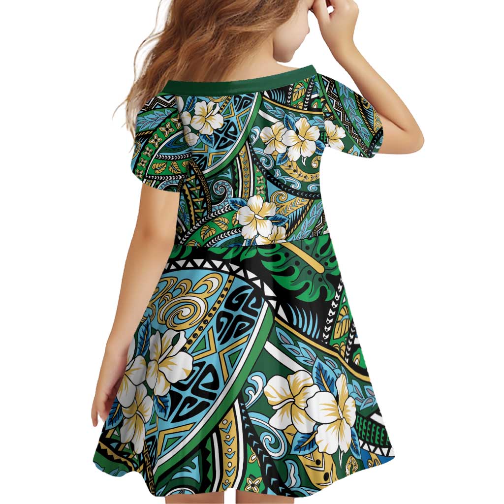 Polynesian Hibiscus Tropical Green Floral Family Matching Puletasi and Hawaiian Shirt Tribal Pattern - Polynesian Pride