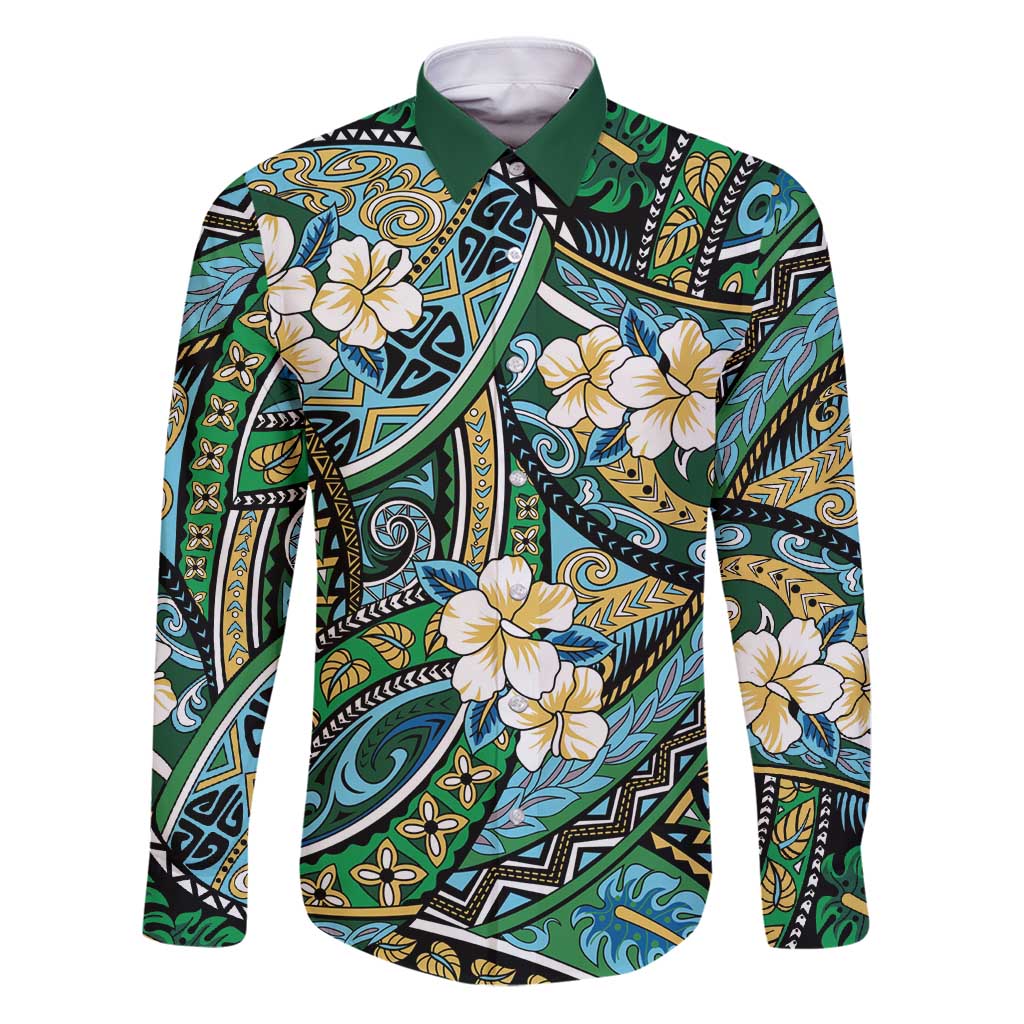 Polynesian Hibiscus Tropical Green Floral Family Matching Puletasi and Hawaiian Shirt Tribal Pattern - Polynesian Pride